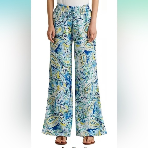 LAUREN RALPH LAUREN Medium Paisley Crepe Wide-Leg Pants Blue Multi yellow flowy - Picture 1 of 8